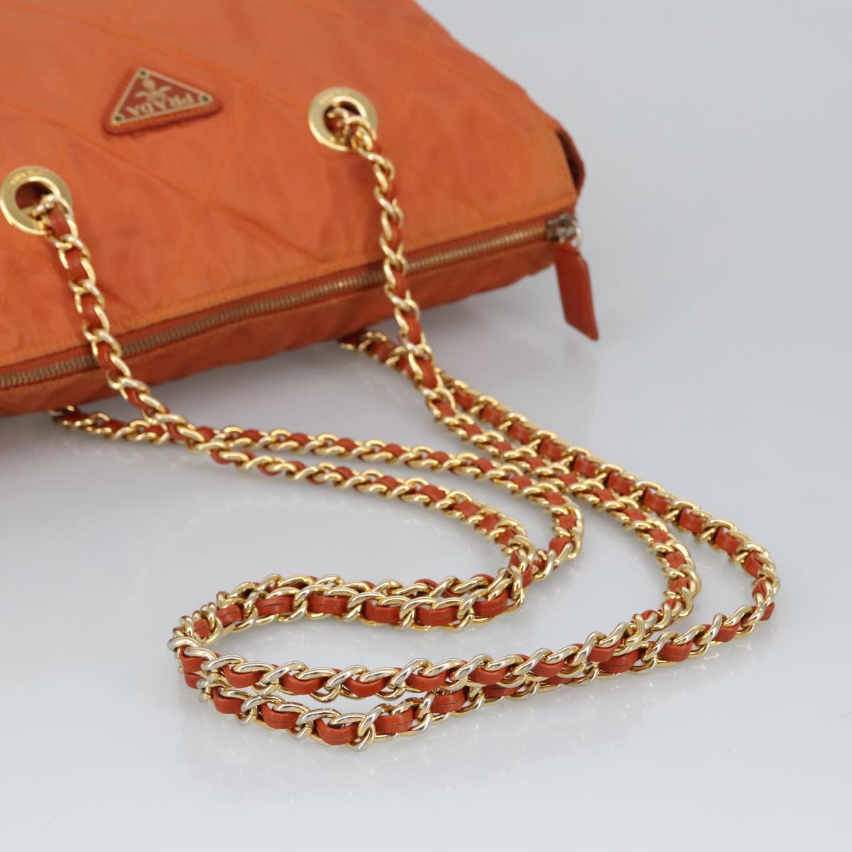 PRADA Chain Shoulder Bag Nylon Orange Gold Auth bs19722