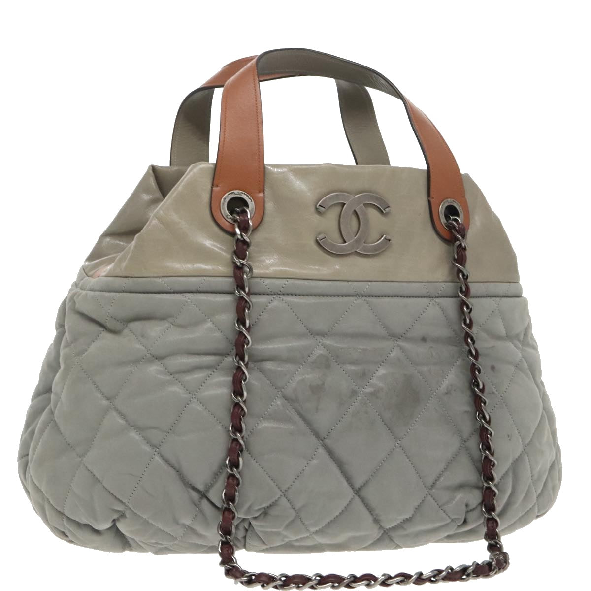 CHANEL Matelasse Hand Bag Leather 2way Gray CC Auth bs19745