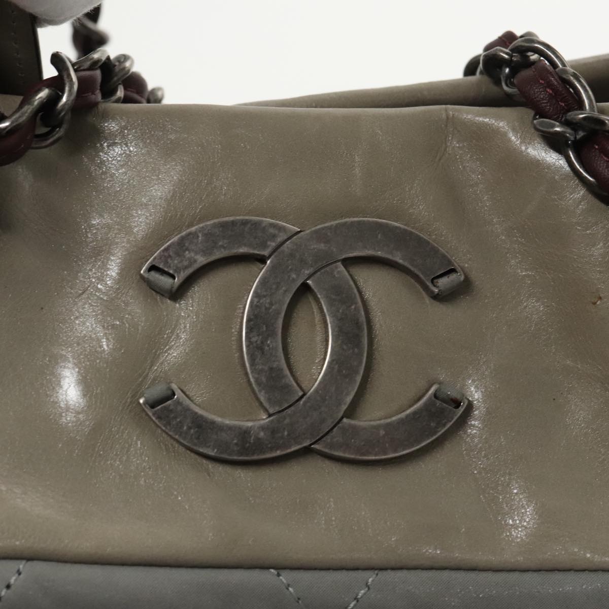 CHANEL Matelasse Hand Bag Leather 2way Gray CC Auth bs19745