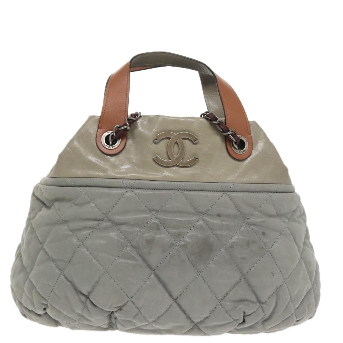 CHANEL Matelasse Hand Bag Leather 2way Gray CC Auth bs19745