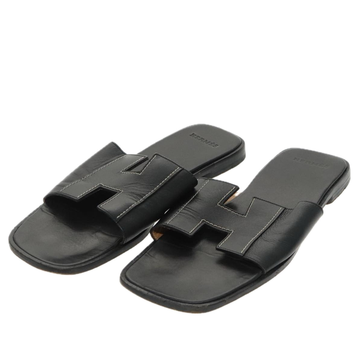 HERMES Oran Sandals Leather 39 Black Auth bs19749