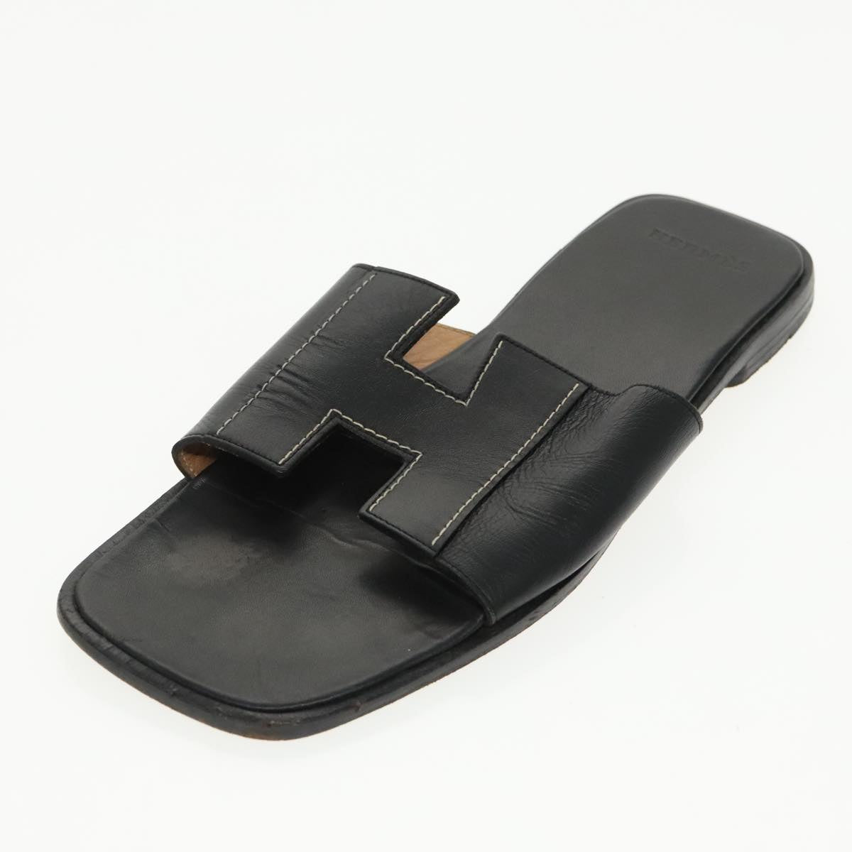 HERMES Oran Sandals Leather 39 Black Auth bs19749