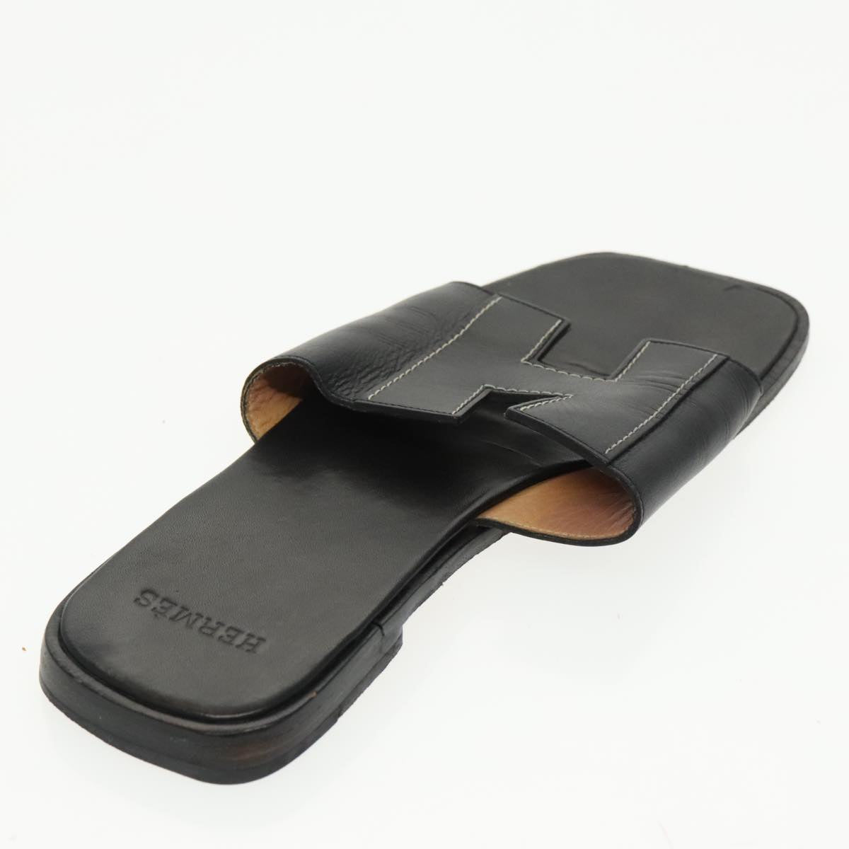 HERMES Oran Sandals Leather 39 Black Auth bs19749