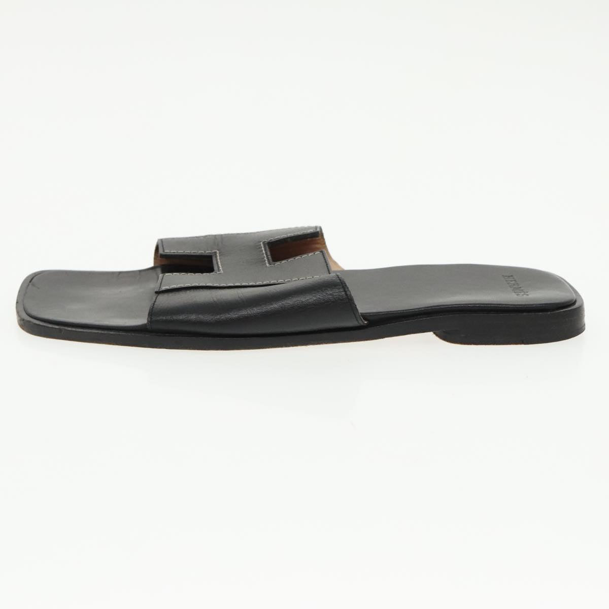 HERMES Oran Sandals Leather 39 Black Auth bs19749