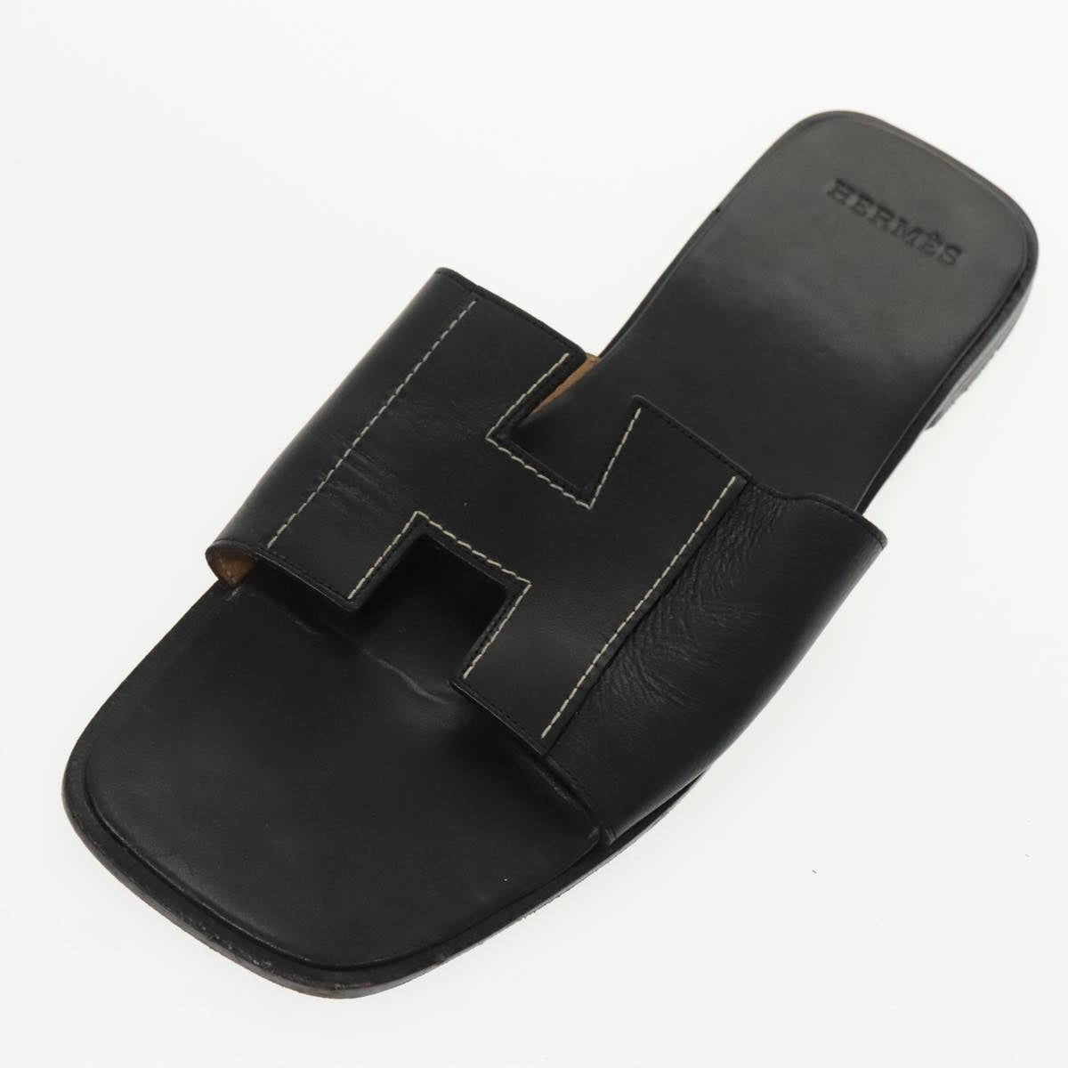 HERMES Oran Sandals Leather 39 Black Auth bs19749