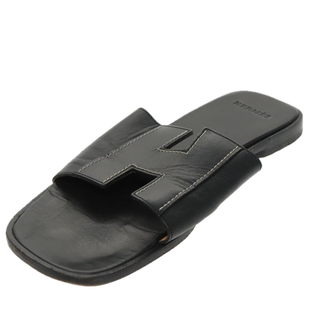 HERMES Oran Sandals Leather 39 Black Auth bs19749 - 0