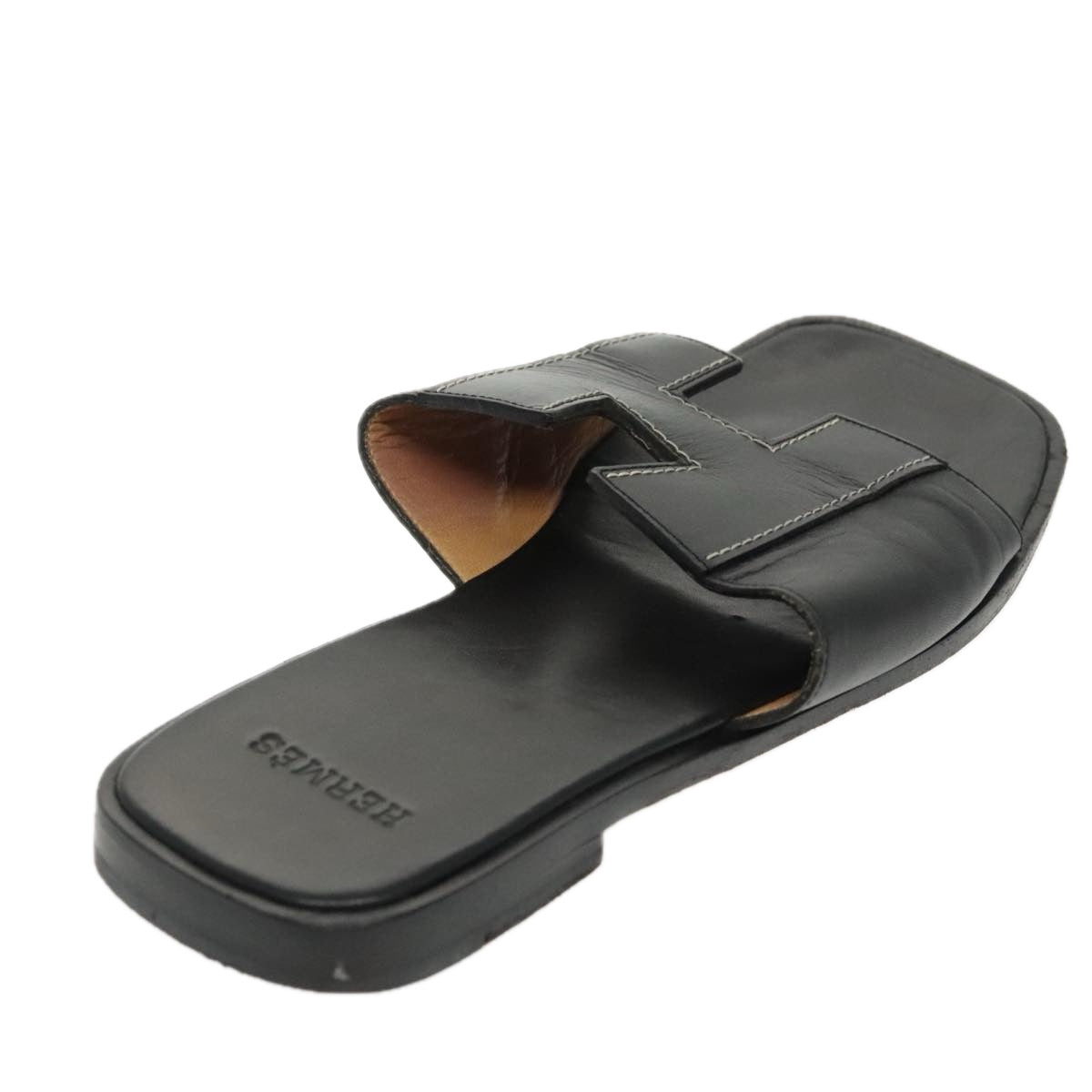 HERMES Oran Sandals Leather 39 Black Auth bs19749