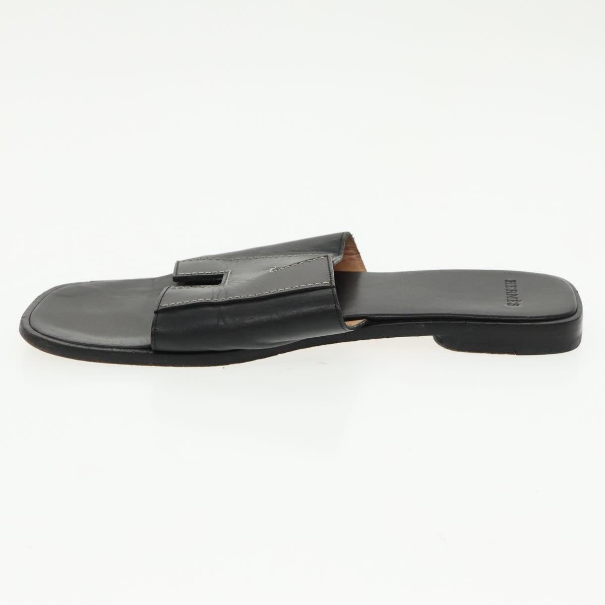 HERMES Oran Sandals Leather 39 Black Auth bs19749