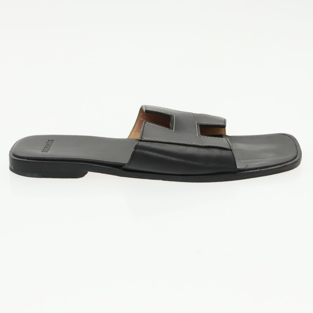 HERMES Oran Sandals Leather 39 Black Auth bs19749