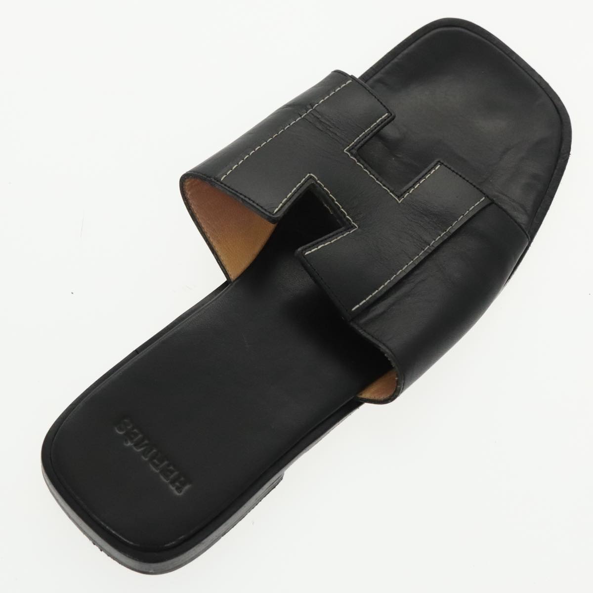 HERMES Oran Sandals Leather 39 Black Auth bs19749