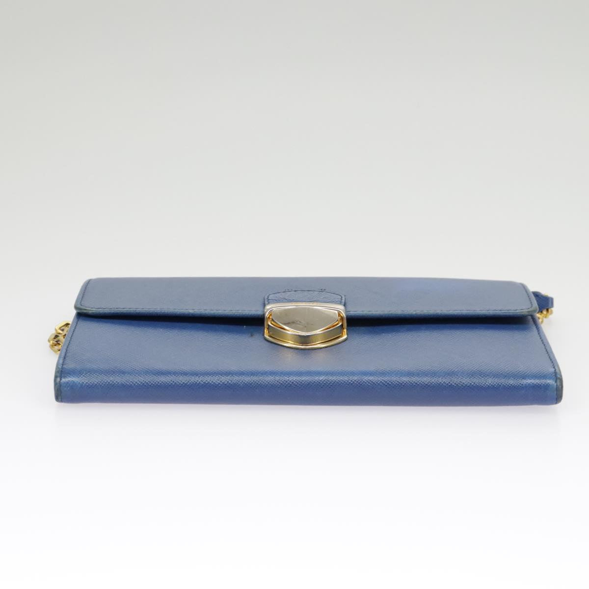 PRADA Chain Wallet Safiano leather Blue Gold Auth bs19772