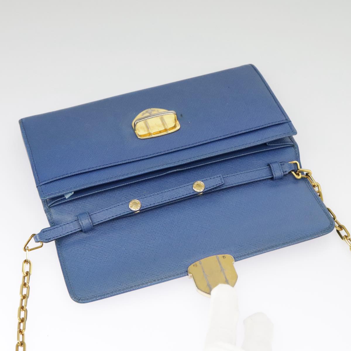 PRADA Chain Wallet Safiano leather Blue Gold Auth bs19772