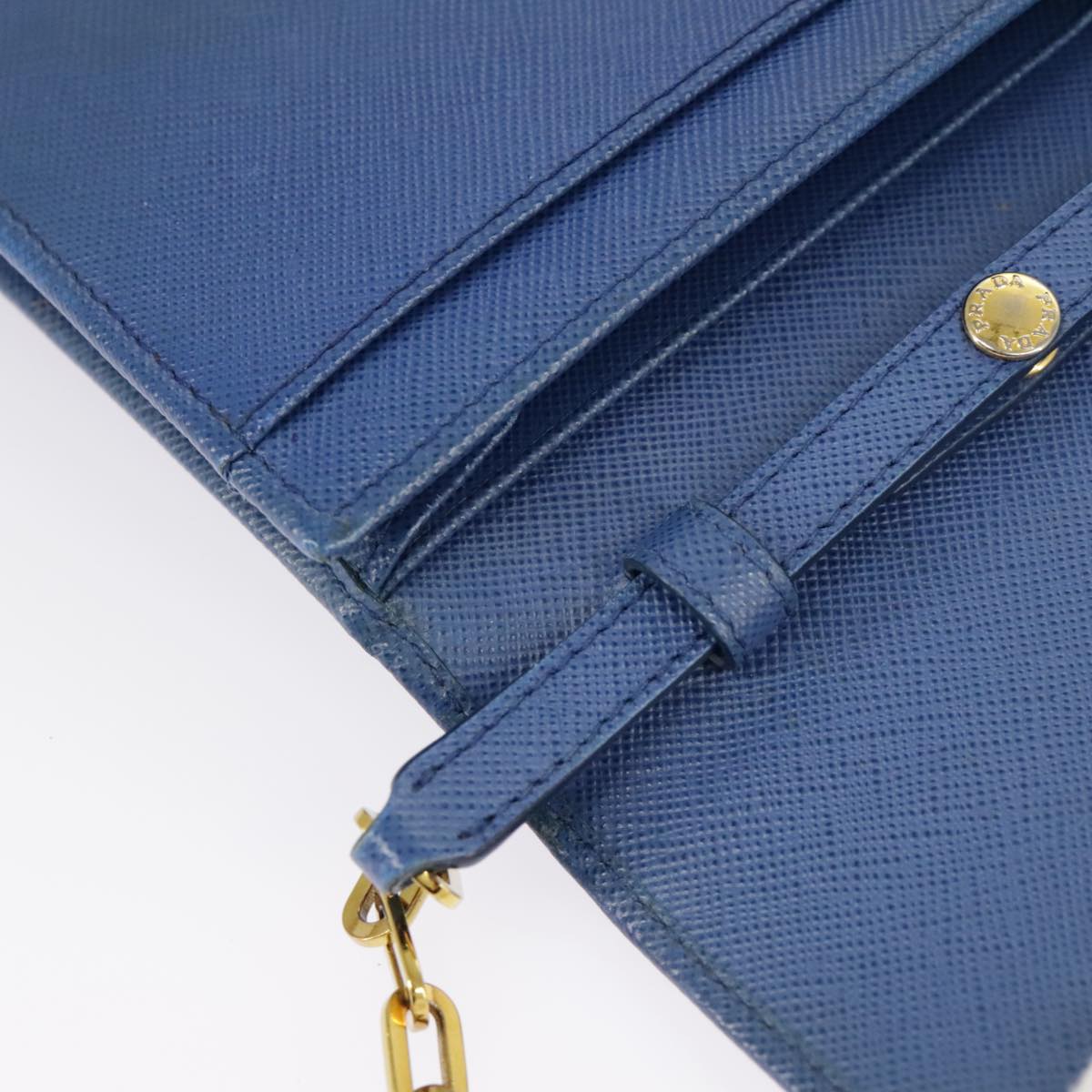 PRADA Chain Wallet Safiano leather Blue Gold Auth bs19772