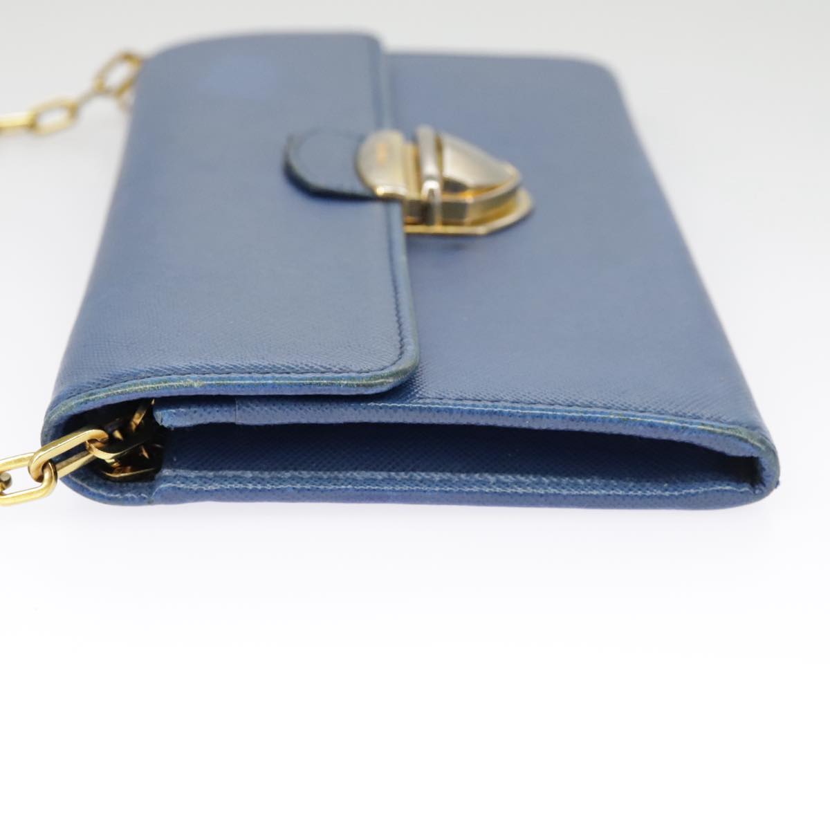 PRADA Chain Wallet Safiano leather Blue Gold Auth bs19772