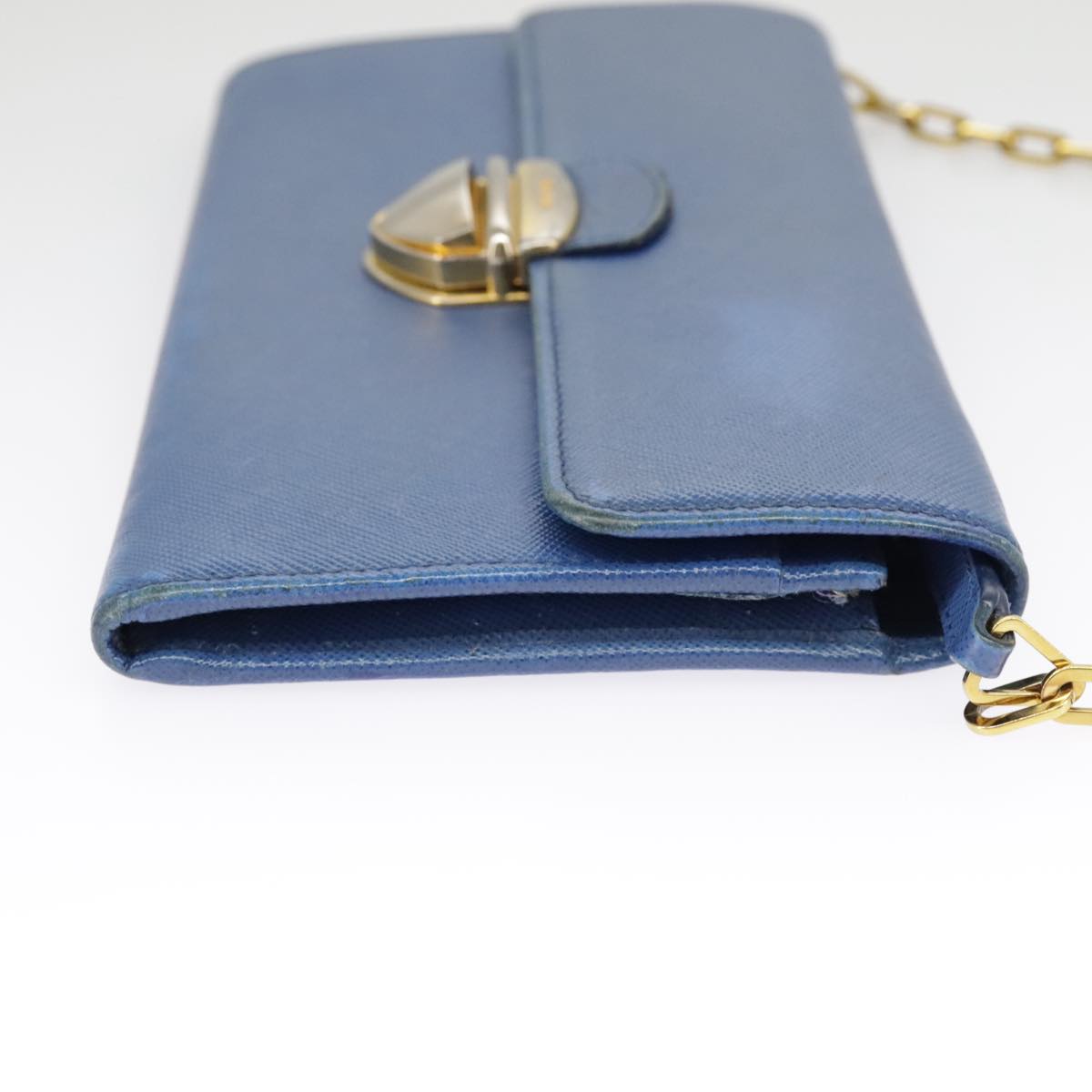 PRADA Chain Wallet Safiano leather Blue Gold Auth bs19772