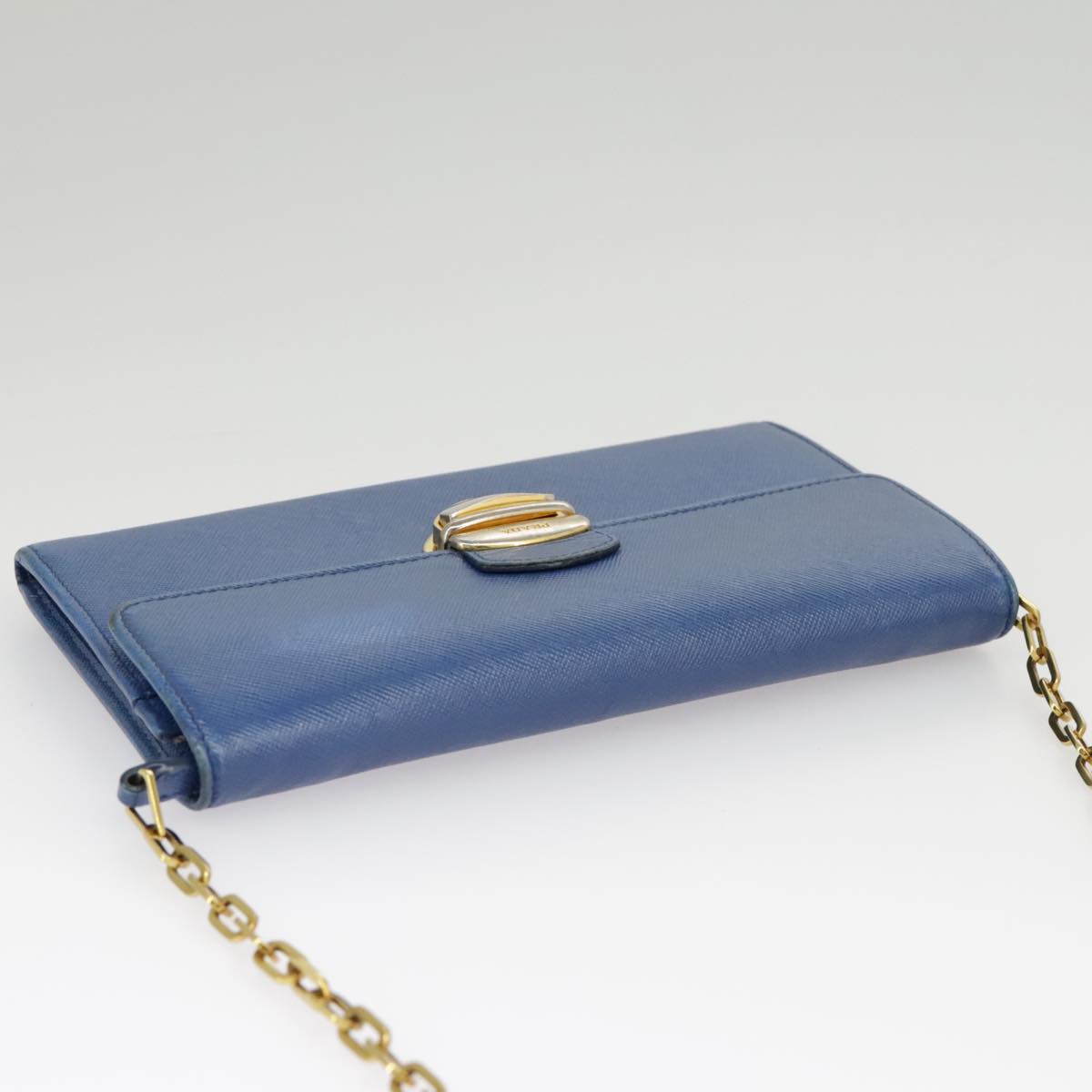 PRADA Chain Wallet Safiano leather Blue Gold Auth bs19772