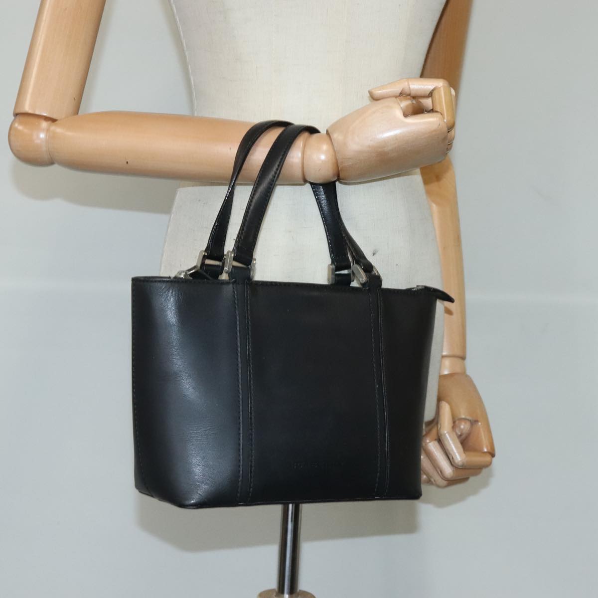 BURBERRY Hand Bag Leather Black Silver Auth bs19787