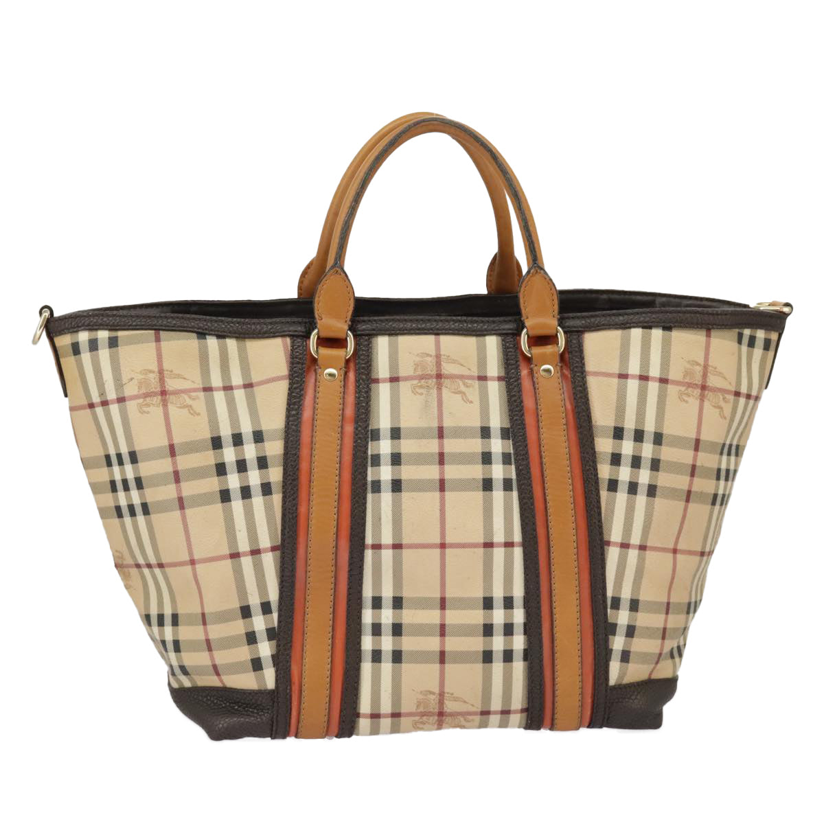 BURBERRY Nova Check Hand Bag PVC Gold Beige Auth bs19789