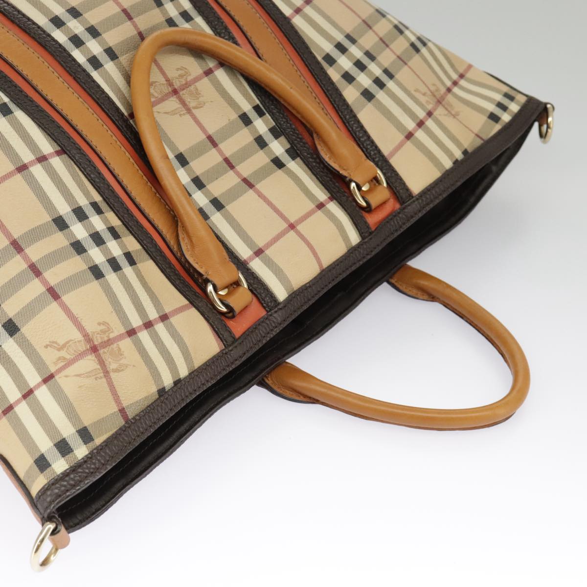 BURBERRY Nova Check Hand Bag PVC Gold Beige Auth bs19789