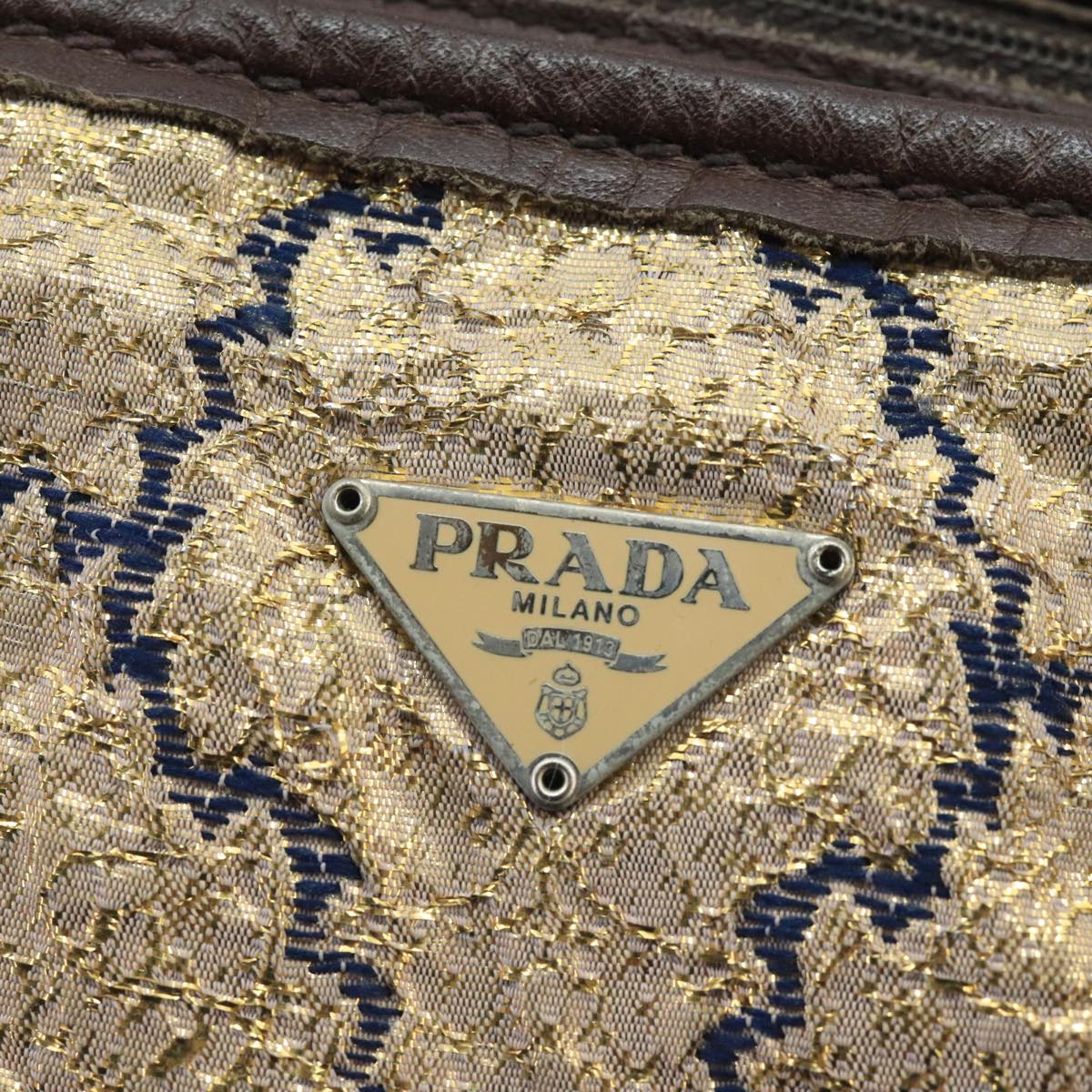 PRADA Hand Bag Canvas Leather Gold Tone Brown Silver Auth bs19790