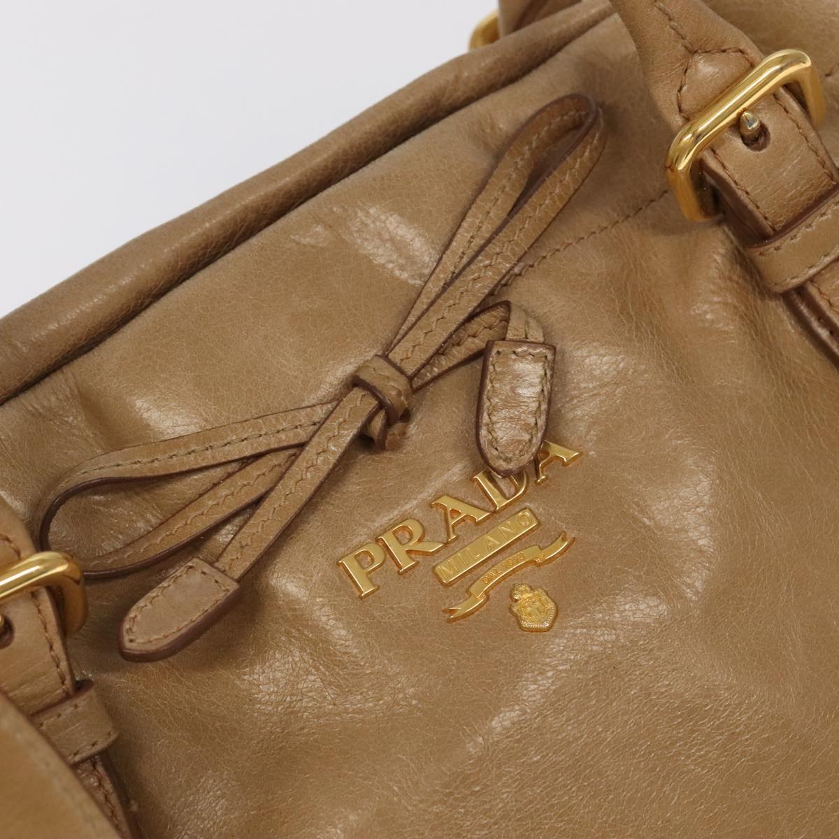 PRADA Hand Bag Leather Beige Gold Auth bs19791