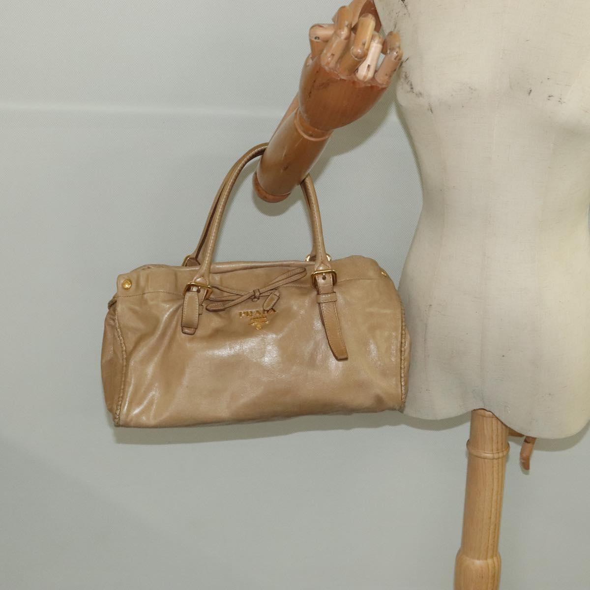 PRADA Hand Bag Leather Beige Gold Auth bs19791