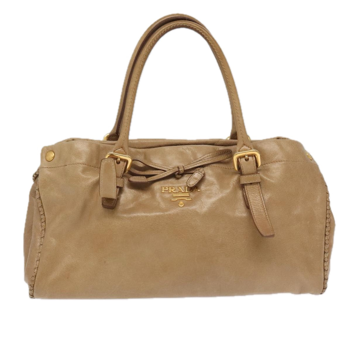 PRADA Hand Bag Leather Beige Gold Auth bs19791