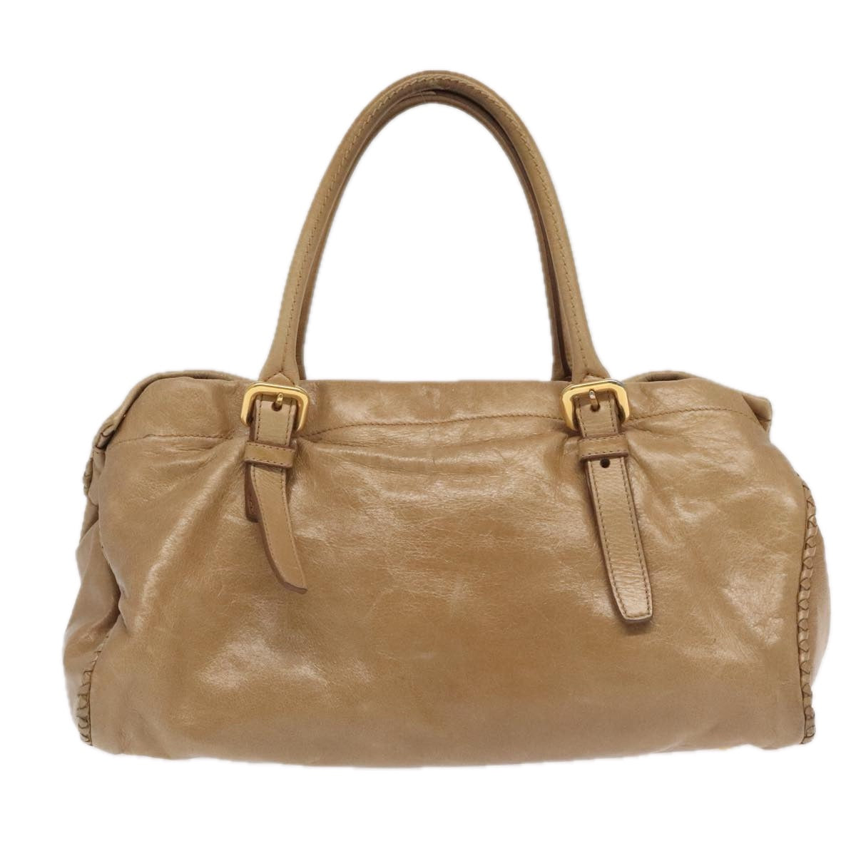 PRADA Hand Bag Leather Beige Gold Auth bs19791