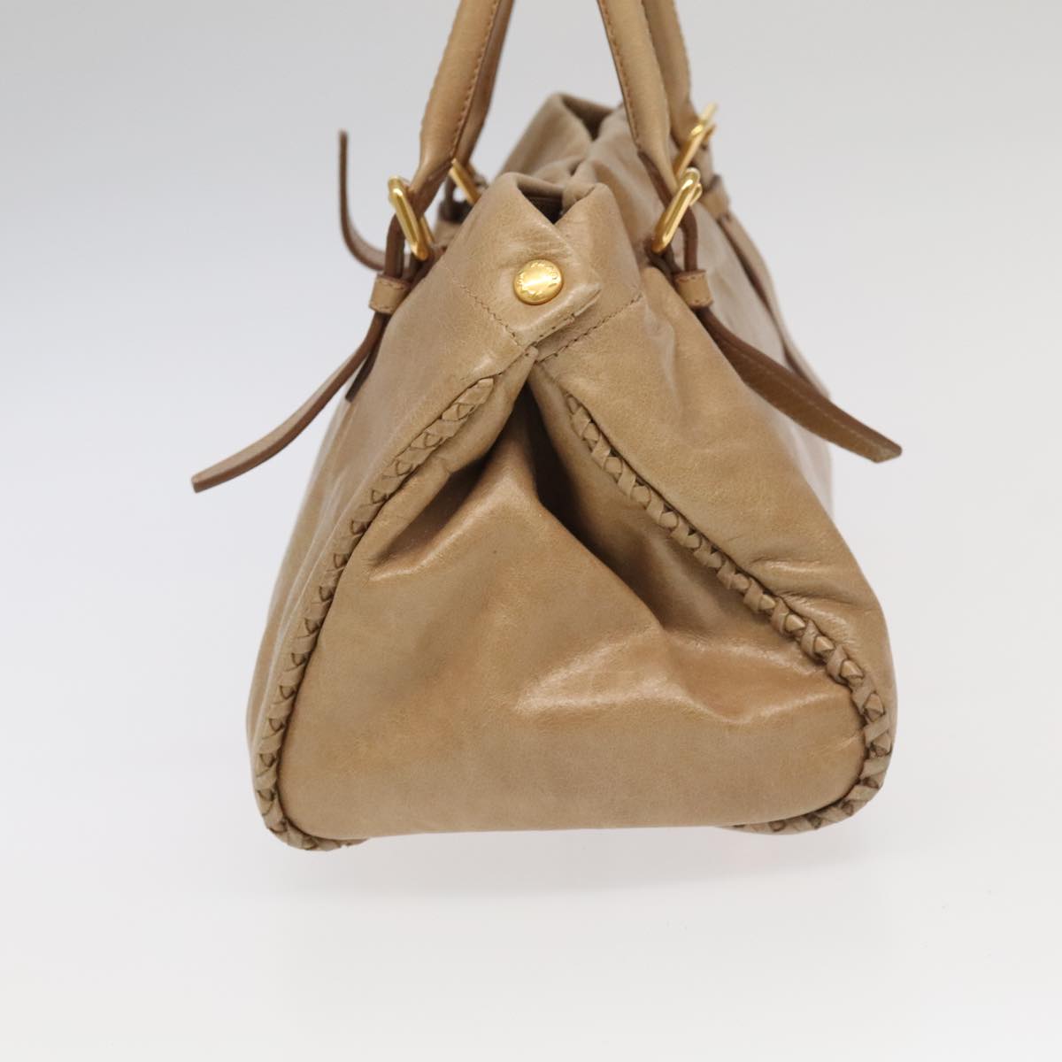 PRADA Hand Bag Leather Beige Gold Auth bs19791