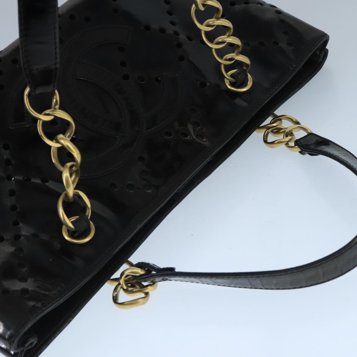 CHANEL Chain Hand Bag Patent leather Black Gold CC Auth bs19809