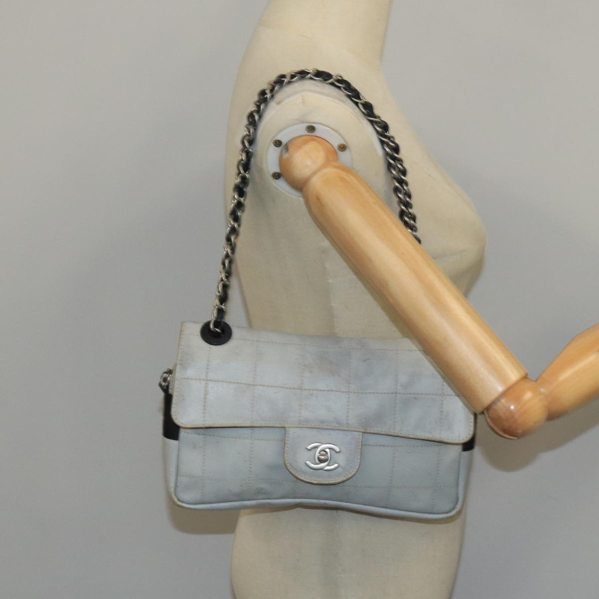 CHANEL Sports Choco Bar Chain Shoulder Bag Coated Canvas Gray CC Auth bs19812