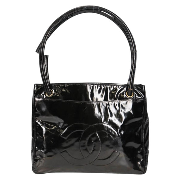 CHANEL Tote Bag Patent Leather Black Gold CC Auth bs19813