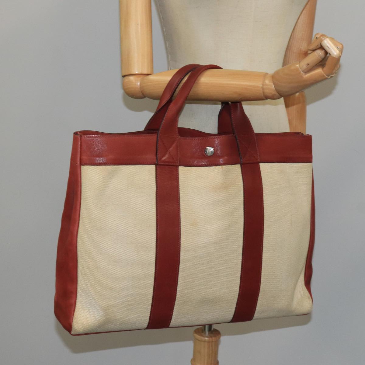 HERMES Fourre Tout MM Tote Bag Canvas Leather Red Auth bs19814