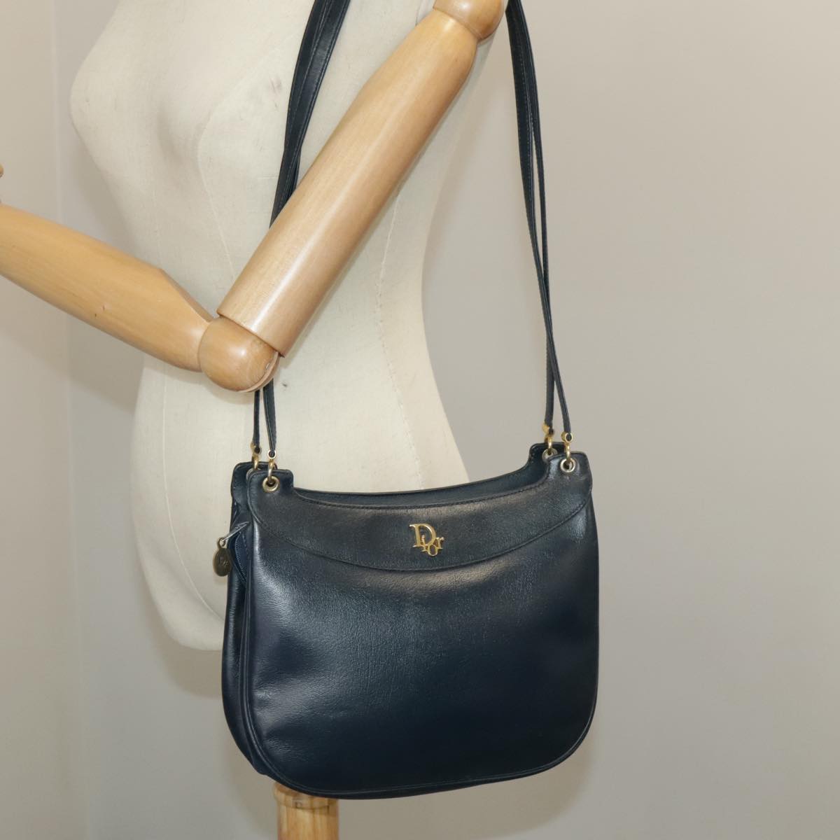 Christian Dior Shoulder Bag Leather Navy Gold Auth bs19815