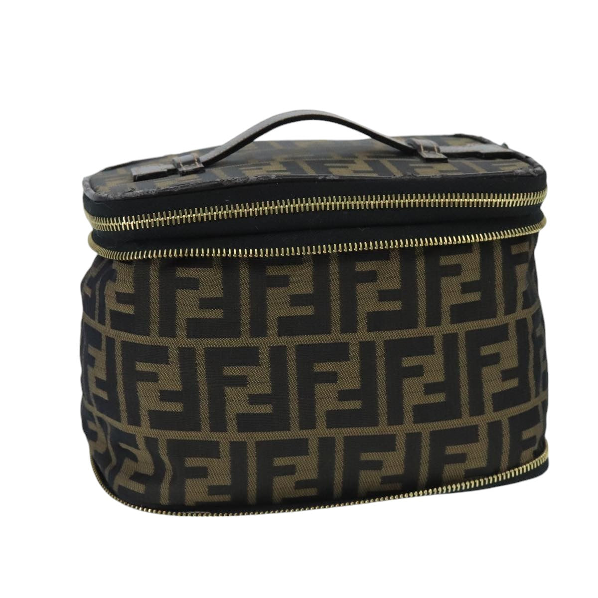 FENDI Zucca Canvas Vanity Pouch Brown Black gold Auth bs19818