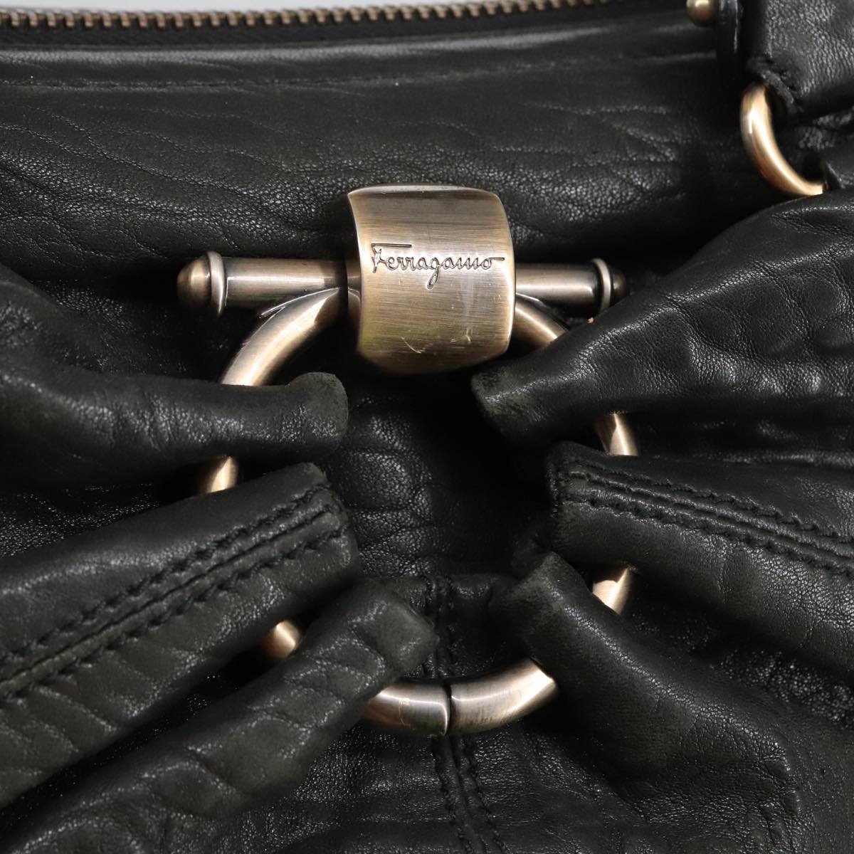 Salvatore Ferragamo Hand Bag Leather Black Gold Auth bs19827