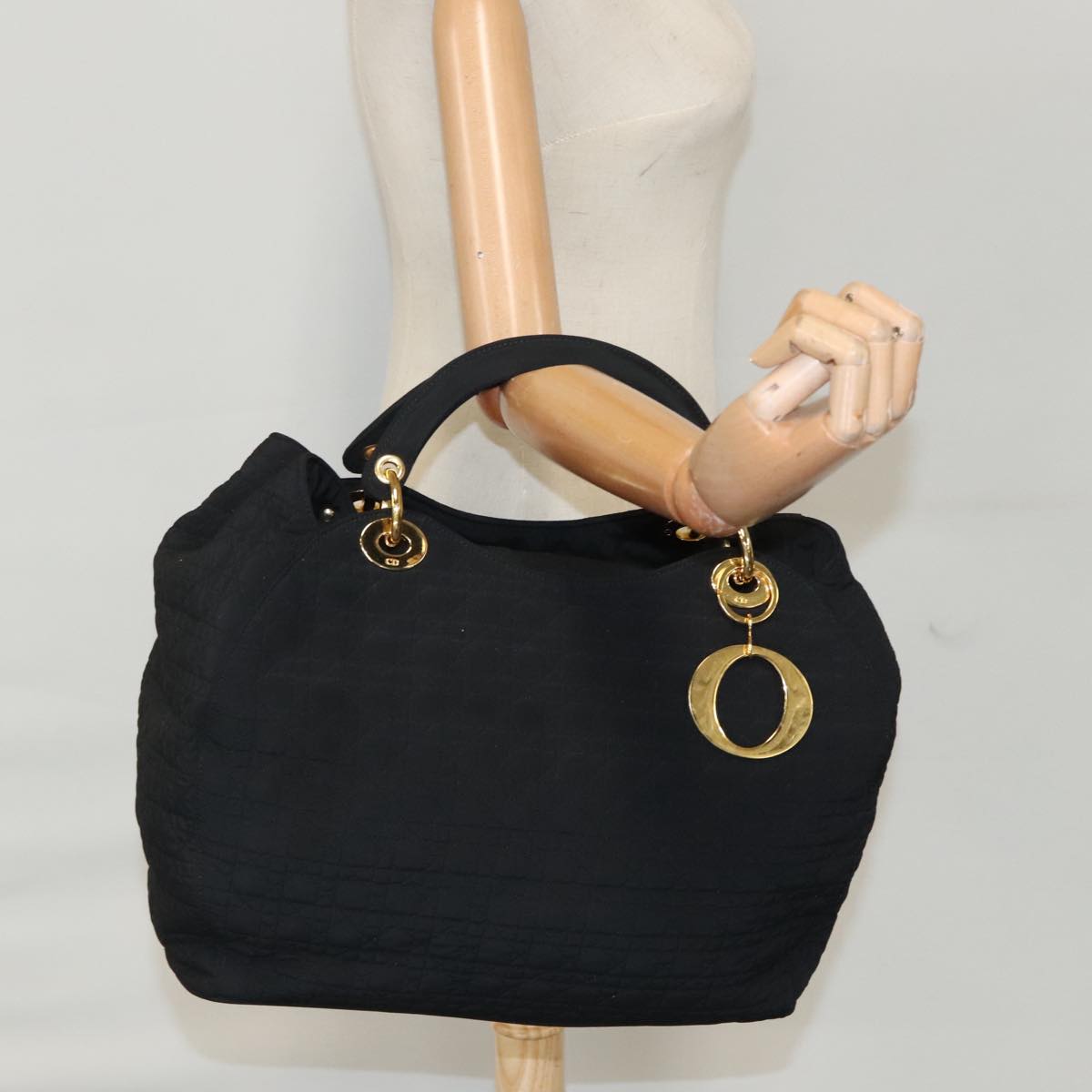 Christian Dior Canage Hand Bag Nylon Black Gold Auth bs19828