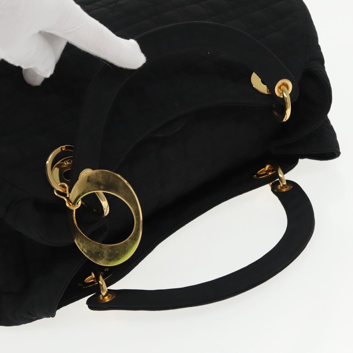 Christian Dior Canage Hand Bag Nylon Black Gold Auth bs19828