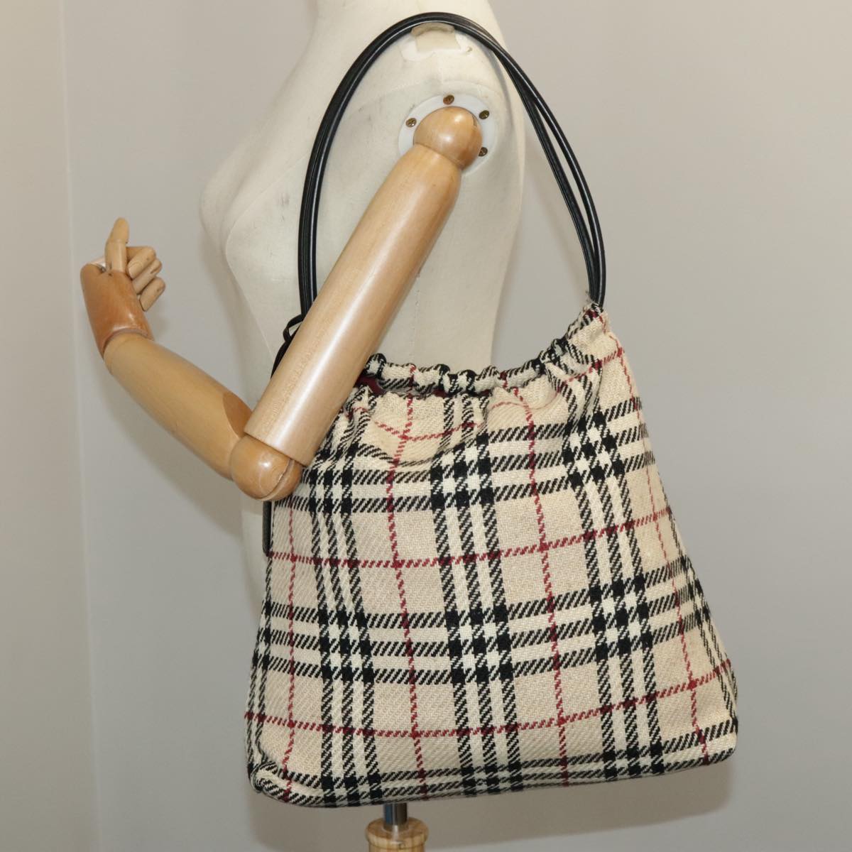 BURBERRY Nova Check Tote Bag Wool Leather Beige Black Auth bs19833