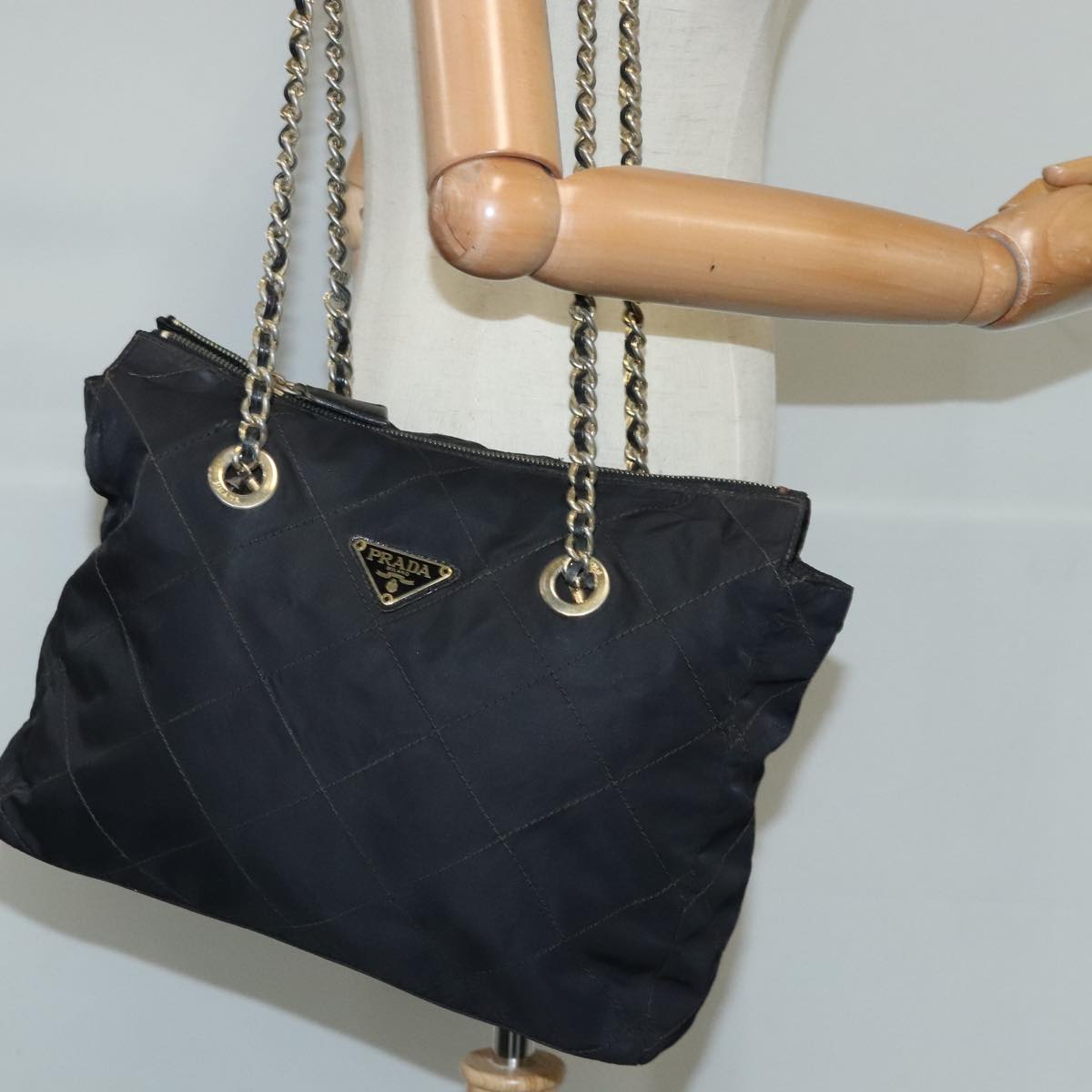 PRADA Chain Shoulder Bag Nylon Black Gold Auth bs19850