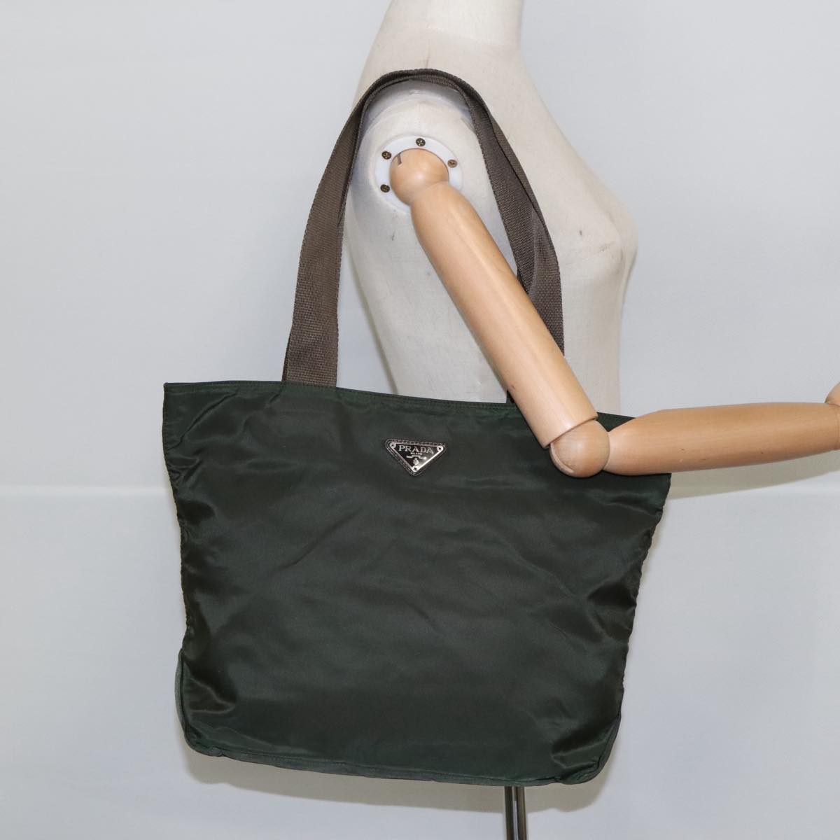 PRADA Tote Bag Nylon Khaki Silver Auth bs19857