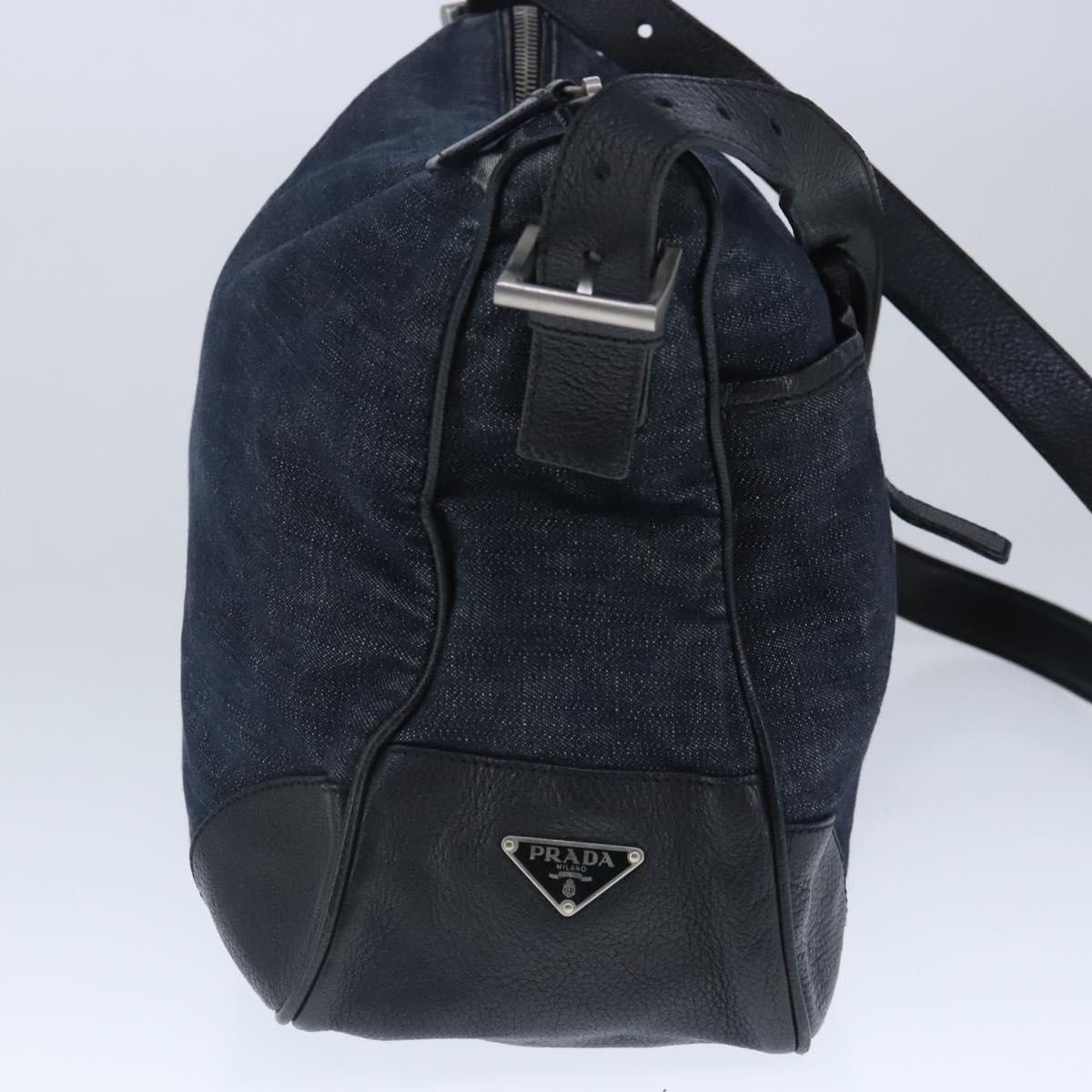 PRADA Shoulder Bag Denim Navy Silver Auth bs19858