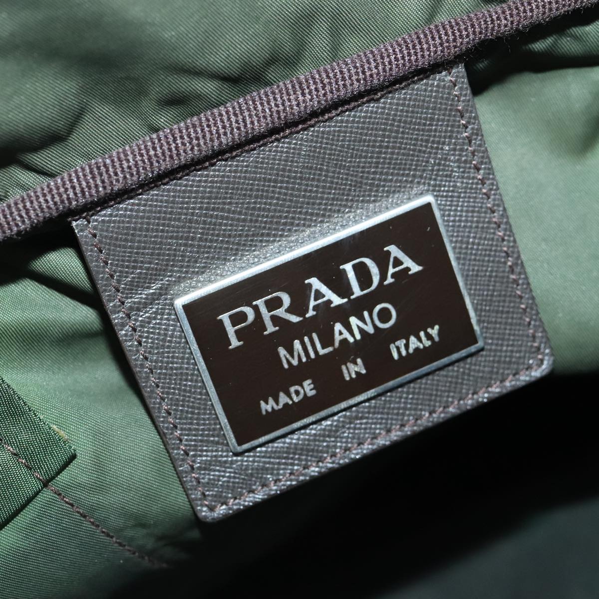 PRADA Boston Bag Nylon Khaki Silver Auth bs19861