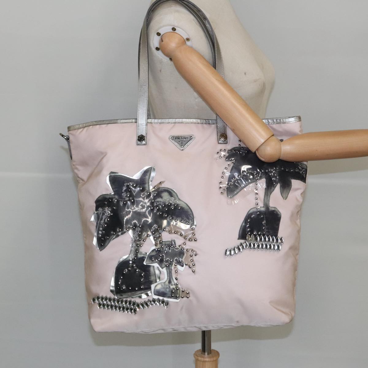 PRADA Tote Bag Nylon Pink Silver Auth bs19866