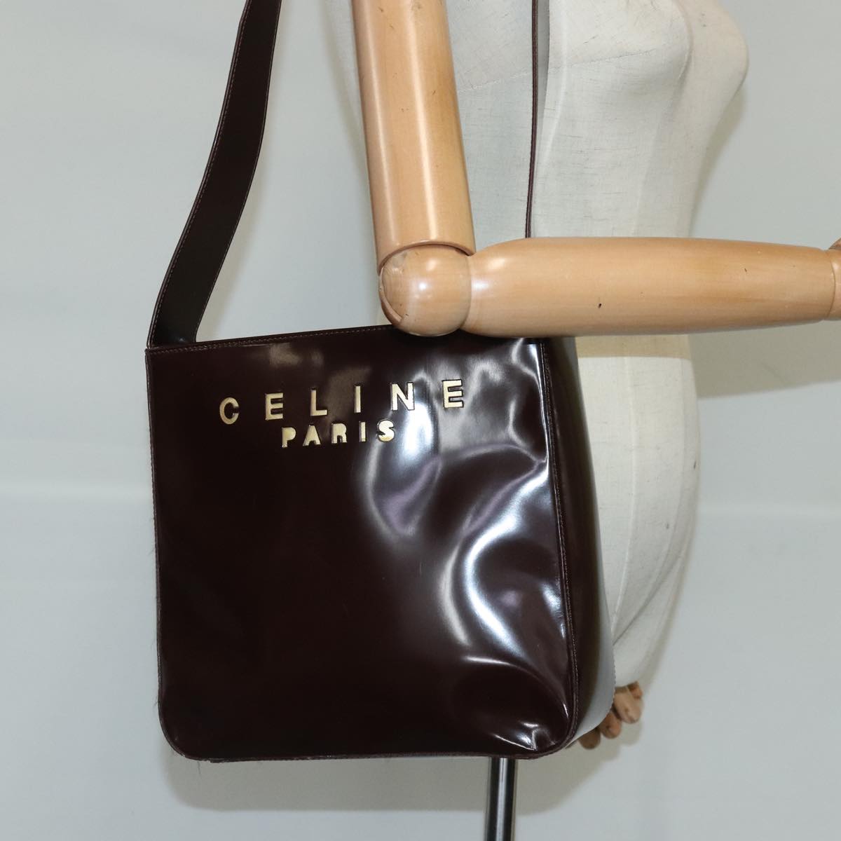 CELINE Shoulder Bag Enamel Brown Auth bs19881