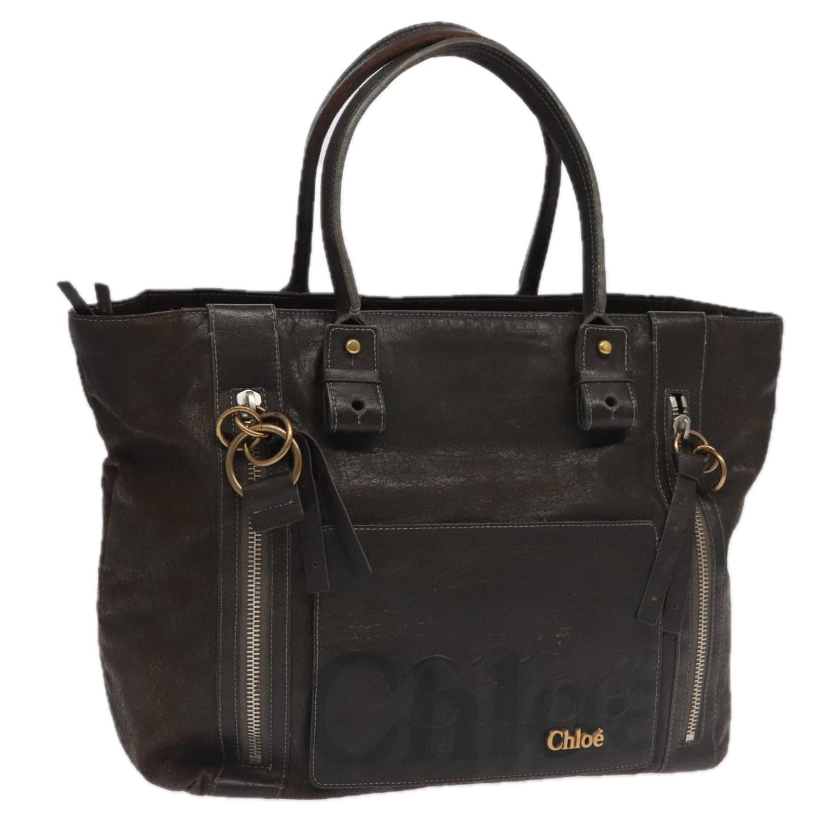 Chloe Tote Bag Leather Dark Brown Gold Silver Auth bs19915