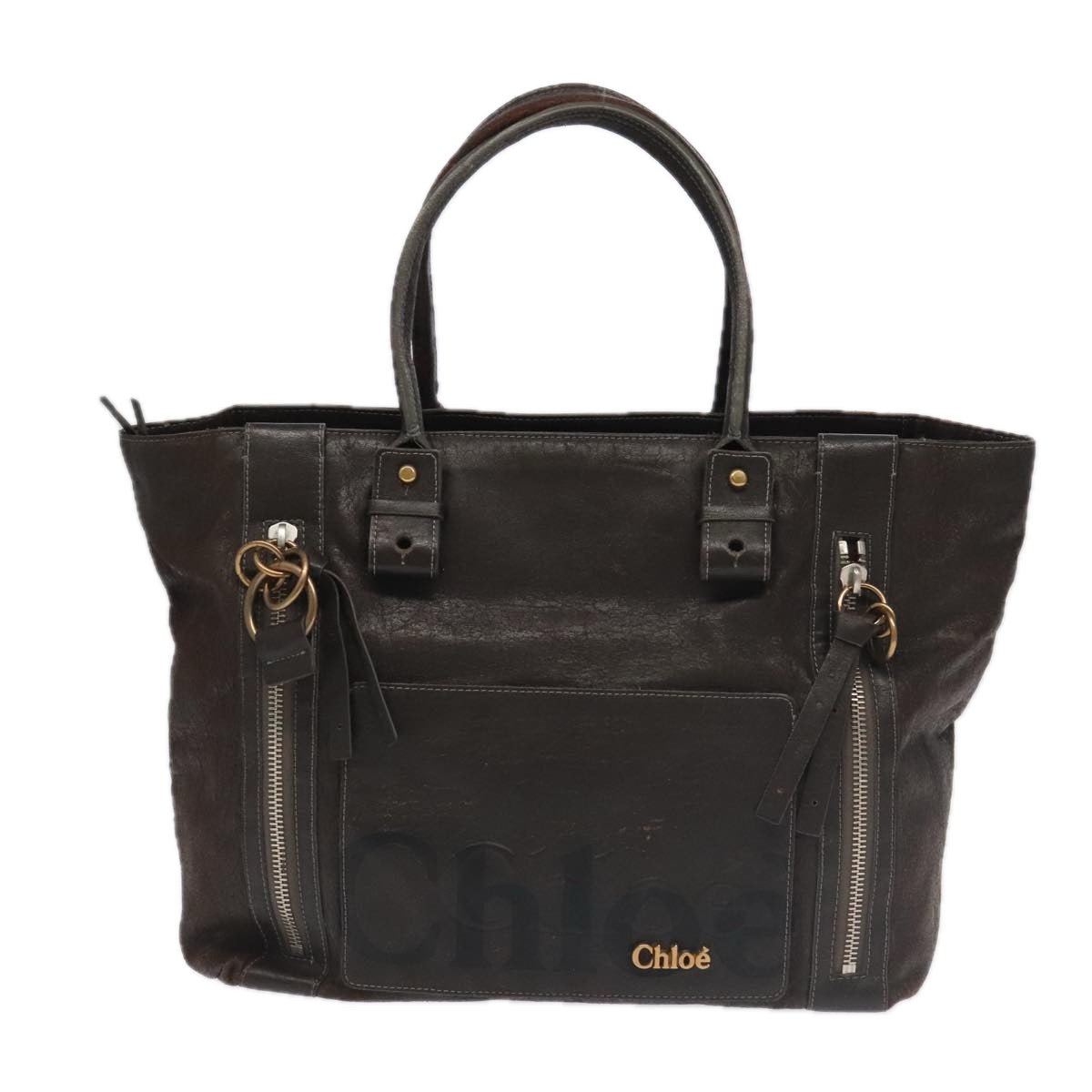 Chloe Tote Bag Leather Dark Brown Gold Silver Auth bs19915 - 0