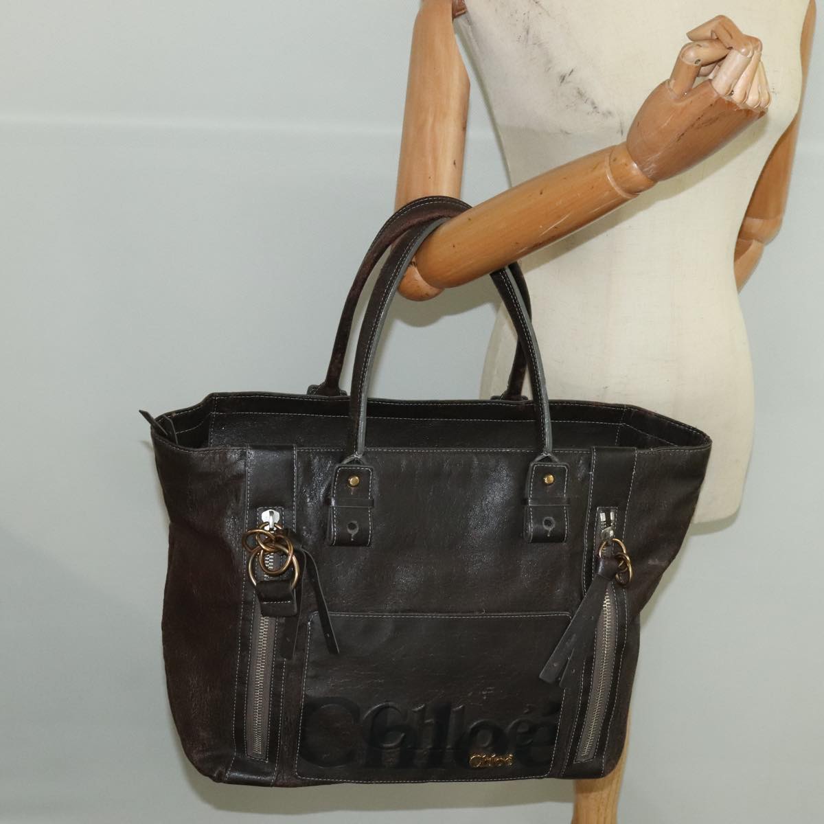 Chloe Tote Bag Leather Dark Brown Gold Silver Auth bs19915