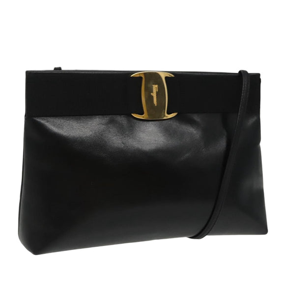 Salvatore Ferragamo Vala Shoulder Bag Leather Black Gold Auth bs19916