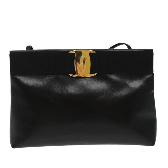 Salvatore Ferragamo Vala Shoulder Bag Leather Black Gold Auth bs19916